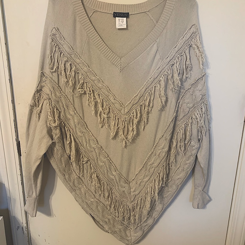 Tan poncho fringe sweater